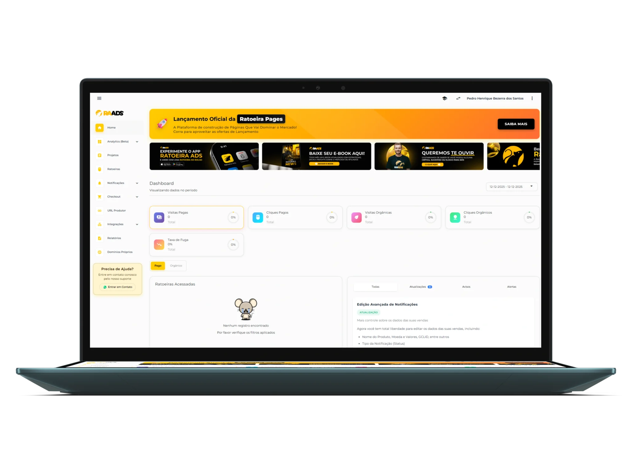 Dashboard da Ratoeira Ads mostrando Google Ads, plataforma de vendas e dados de anti-fraude em uma tela